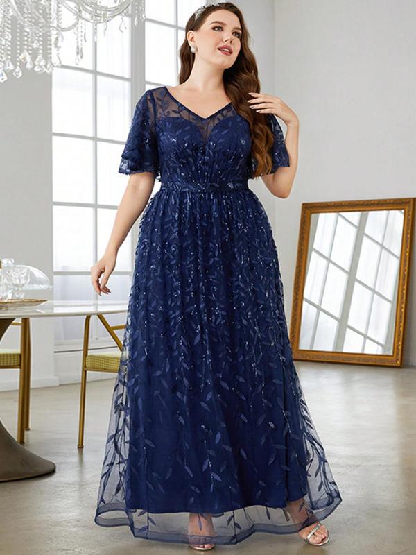  Leaf Embroidery Contrast Sequin Sheer Butterfly Sleeve Evening Dress, Elegant V Neck Half Sleeve Long Dress for Party & Banquet, Women's Clothes for All Seasons