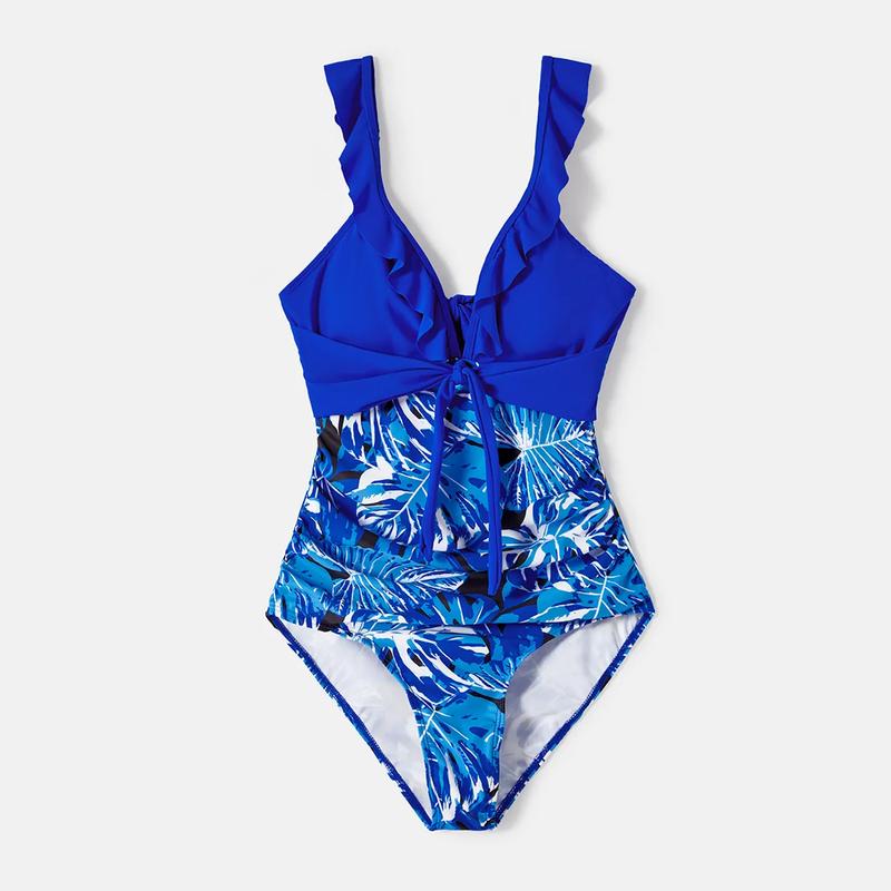 PatPat Family Matching Plant Print Swim Trunks and Blue Ruffle Trim Spliced One-piece Swimsuit