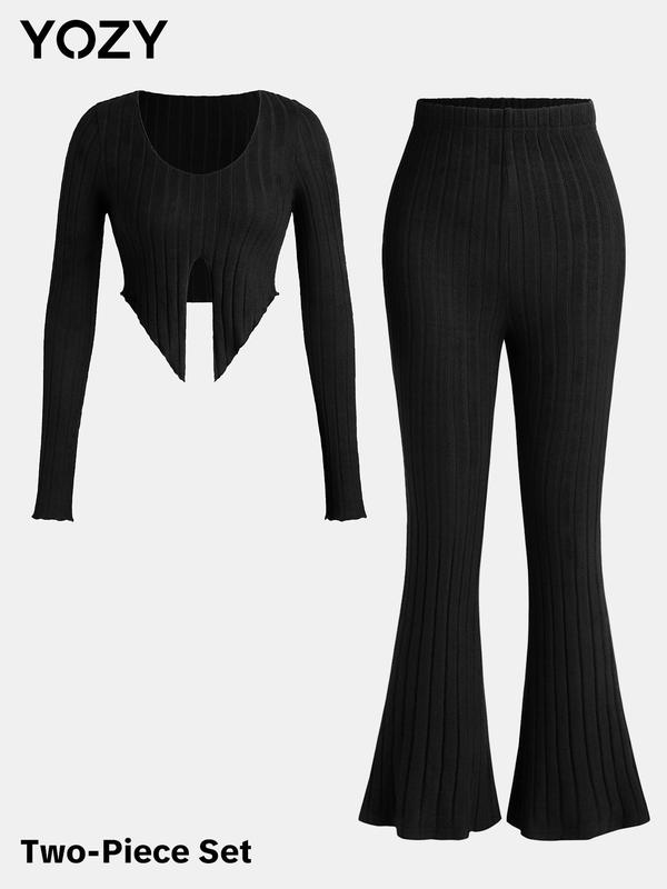 YOZY Solid Split Hem Ribbed Crop Top & Flare Leg Pants Set  Casual Fashion Cozy Round Neck Long Sleeve Top & Bell Bottom Trousers, 2024 Women's All Season Outfits for Daily Outdoor Wear