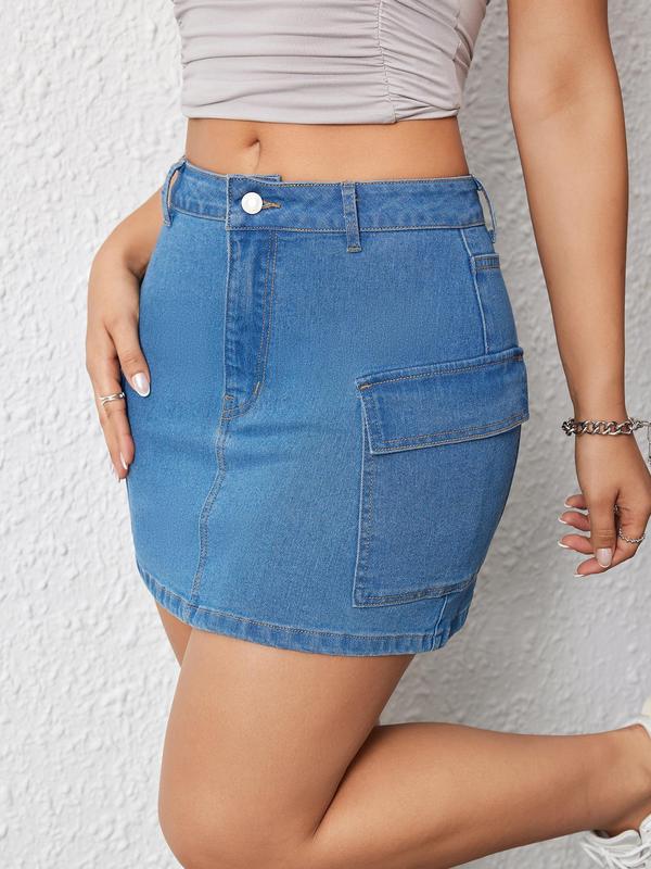 Women's Plain Pocket Button Bodycon Skirt, Fashion Casual Denim Skirt for Daily Outdoor Wear, Ladies Bottoms for Summer