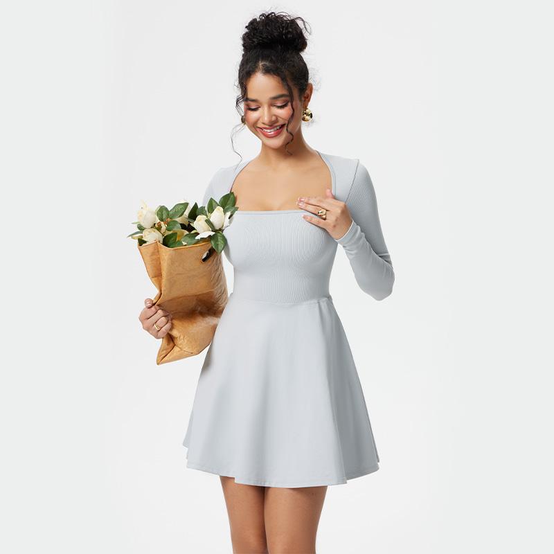 OQQ Long Sleeves Solid A-line  Dress with Collar