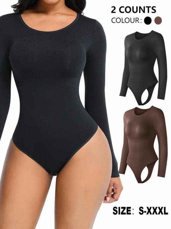 Women's Solid Round Neck Long Sleeve Shapewear Bodysuit, Casual Comfy Tummy Control Bodysuit for Daily Wear, Women's Shapewear for All Seasons