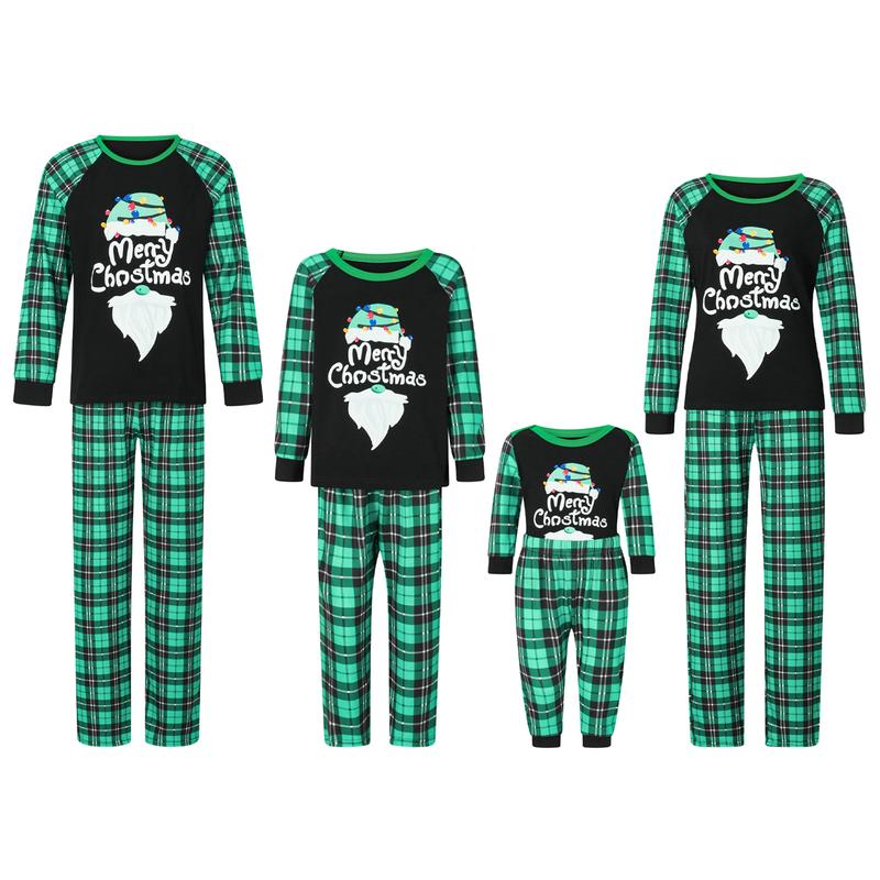 Matching Family Pajamas Sets Christmas PJ's Long Sleeve Letters Print T-shirt Green Plaid Pants Sleepwear Loungewear Nightwear