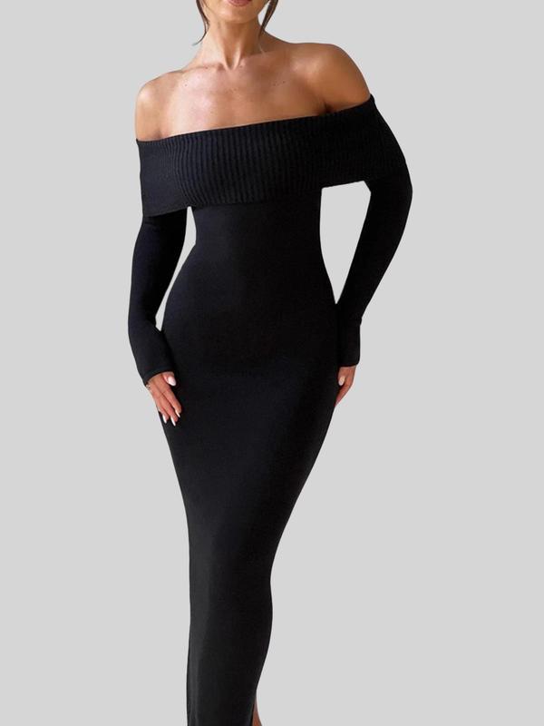 Women's Off Shoulder Split Hem Bodycon Sweater Dress, Elegant Long Sleeve Knit Dress for Party Dating Wear, Women's Knitwear for Spring & Fall