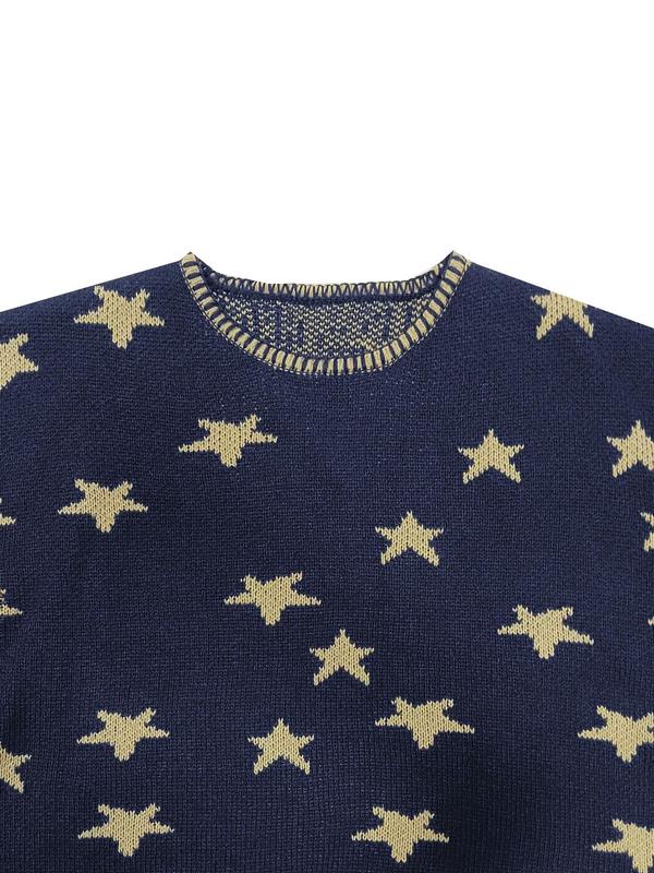 Women's Star Print Crew Neck Sweater, Casual Long Sleeve Jumper for Fall & Winter, Fashion Ladies' Knitwear for Daily Wear