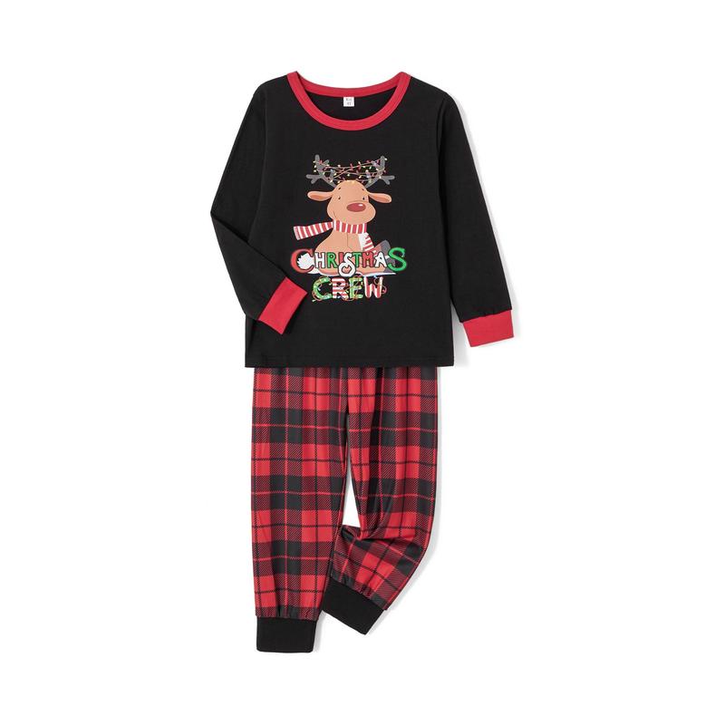 Christmas Family Matching Pajamas Set Elk Print Long Sleeve Shirt and Red Plaid Pants Loungewear Soft Sleepwear Outfits for Parent-Child Mom Dad Kids Baby Holiday Pjs Sets