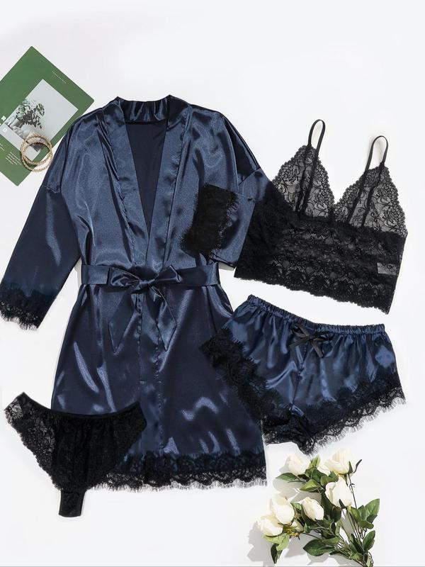 Women's Contrast Lace Belted Satin Pyjama Set, Backless Crop Cami Top & Wrap Robe & Elastic Waist Shorts & Panty Set, Sleepwear Set for Women, Pajama Sets Women