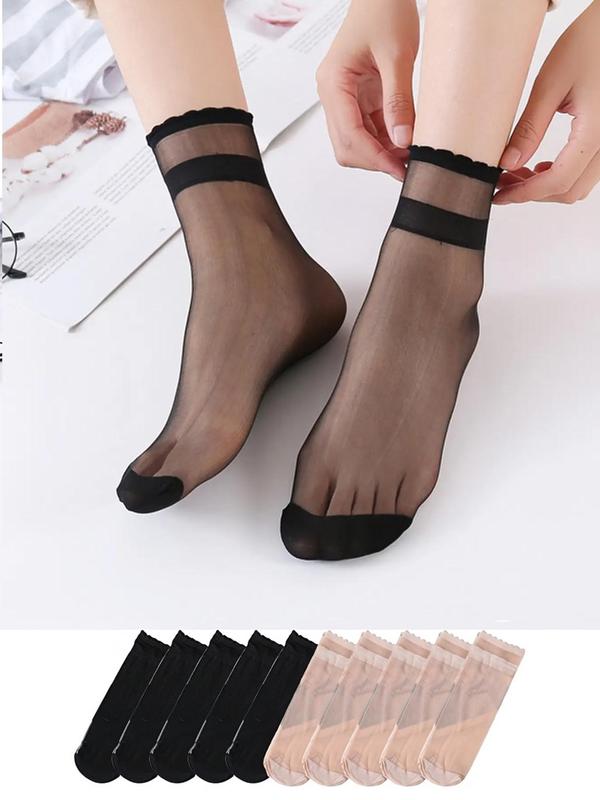 Women's 10 Pairs Solid Sheer Scallop Trim Crew Socks, Comfy Breathable Socks for Daily Wear, Multipack Knit Socks for Summer