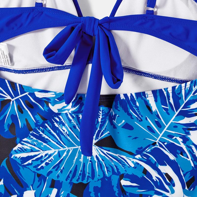 PatPat Family Matching Plant Print Swim Trunks and Blue Ruffle Trim Spliced One-piece Swimsuit