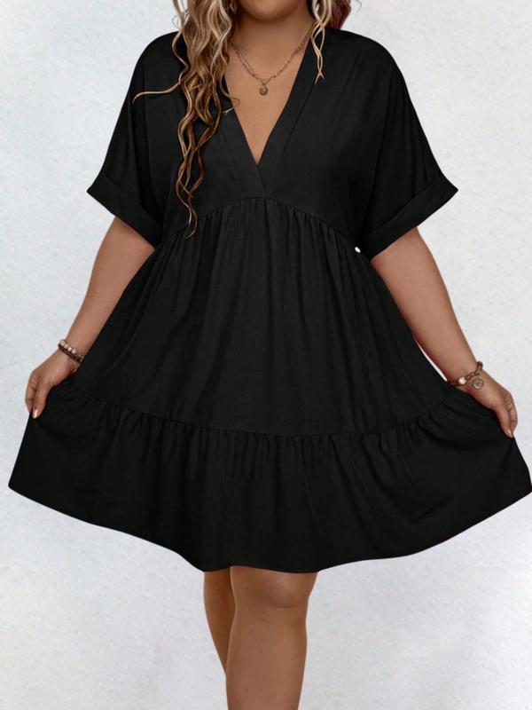  Plain V Neck Batwing Sleeve Ruffle Hem Smock Dress, Casual Short Sleeve V Neck Dress for Daily Outdoor Wear, Summer Casual Wear Clothes, Women Back To School Clothing for All Seasons, Summer Dresses 2024, Dresses for Women