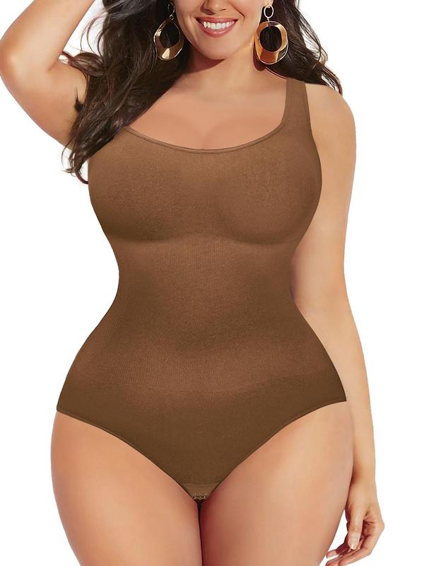  Solid Scoop Neck Shapewear Tank Bodysuit, Casual High Stretch Comfy Breathable Shaper, Women's Shapewear for All Seasons, Bodysuits for Women, Tummy Control Bodysuit, Plus Size Clothing