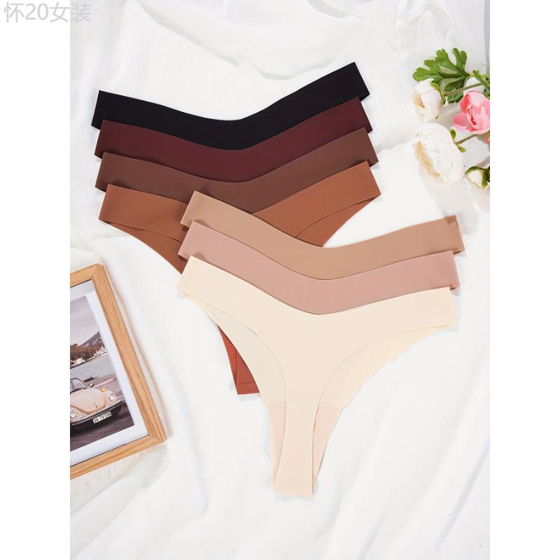 7pcs Soft Seamless Solid Thongs, Comfy Stretchy Women's Lingerie & Underwear Intimates Panties Fabric Panty