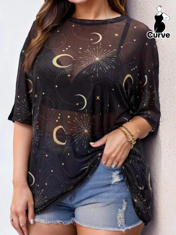  Moon & Star Print Sheer Crewneck Tulle Tee, Lady Casual Comfort Top for Summer, Going Out Tees Shirts, Summer Outfits 2024, Women's Summer Clothes, Black Girl Outfits