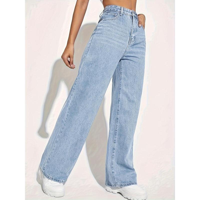 1pc Women'S Fashion High-Waisted Denim Jeans, Casual Style, Solid Color, Stretch Fabric, Loose Fit, Long Wide-Leg Pants with Built-in Zipper, No Belt, Suitable for All Seasons Womenswear Bottom Womenswear Bottom Polyester Trouser