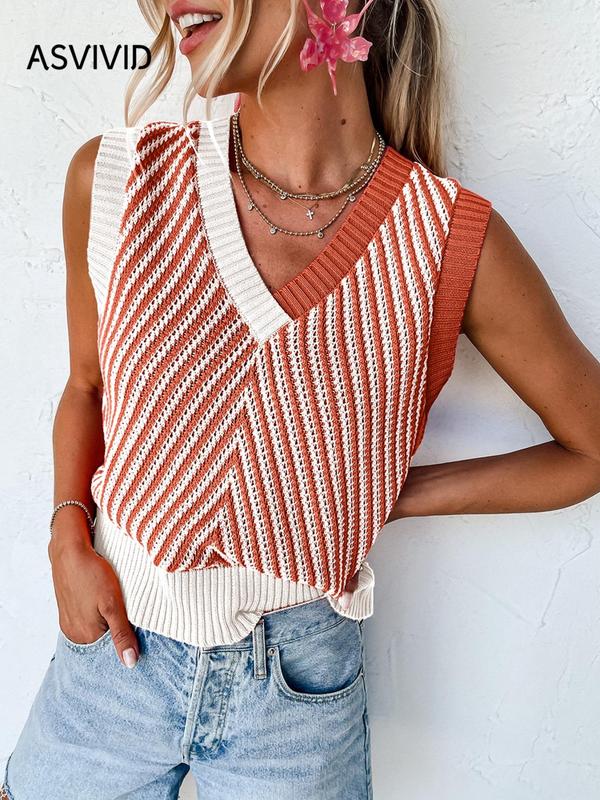 Women's Colorblock Wrap Knit Tank Top, Casual V Neck Sleeveless Top for Summer, Back To School Clothes, Ladies Clothes for Daily Wear