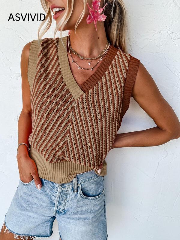 Women's Colorblock Wrap Knit Tank Top, Casual V Neck Sleeveless Top for Summer, Back To School Clothes, Ladies Clothes for Daily Wear