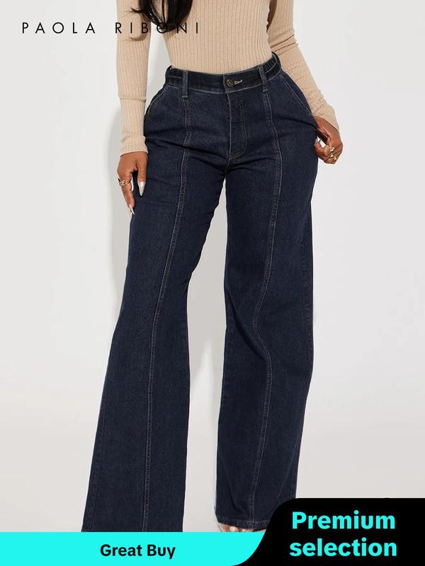 Women's Plain Pocket Elastic Waist Wide Leg Jeans, Casual Pants Comfy Button & Zipper Fly Elastic Waist Trousers for Daily Wear, Ladies Bottoms for All Seasons