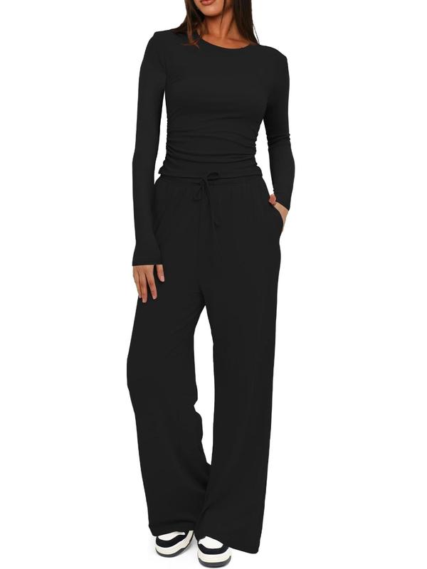 Two-piece Set Women's Solid Ruched Tee & Drawstring Pocket Pants Pajamas Set, Casual Long Sleeve T-shirt & Elastic Waist Trousers, Ladies Sleepwear for All Seasons