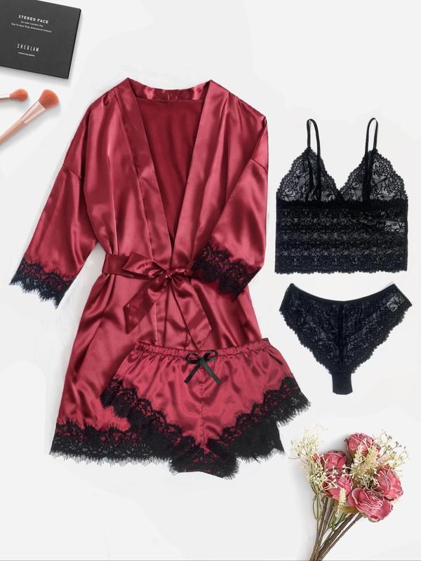 Women's Contrast Lace Belted Satin Pyjama Set, Backless Crop Cami Top & Wrap Robe & Elastic Waist Shorts & Panty Set, Sleepwear Set for Women, Pajama Sets Women