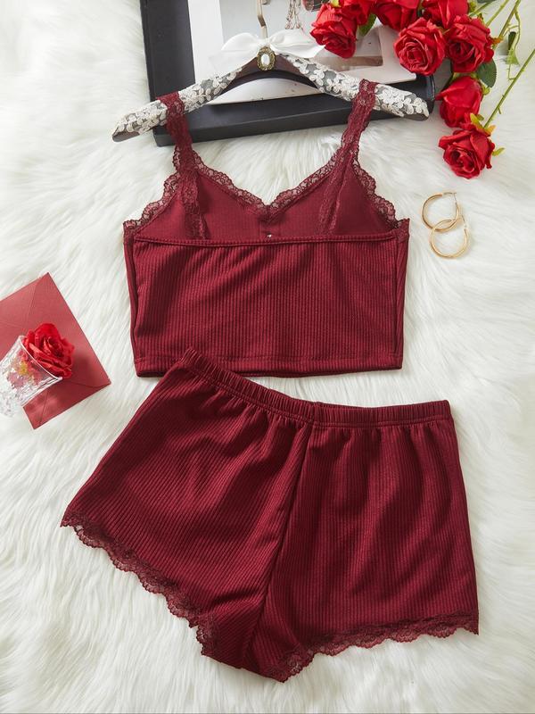 Two-Piece Set Women's Contrast Lace Crop Cami Top & Shorts Pyjama Set, Casual Comfy Camisole & Tie Front Shorts PJ Set, Ladies Sleepwear for All Seasons