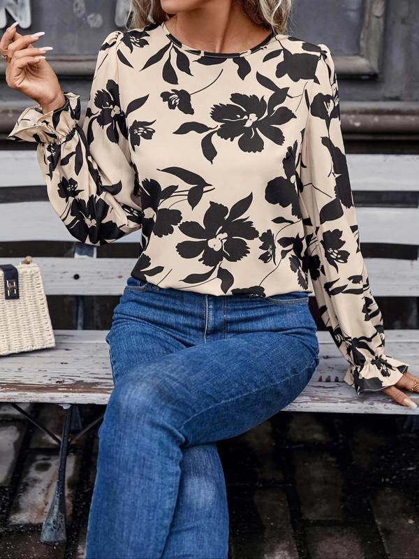 Women's Floral Print Knot Back Vintage Blouse, Elegant Flounce Sleeve Round Neck Top for Spring & Fall, Holiday Outfits, Ladies Clothes for Daily Wear, Going Out Tops, Blouse for Women, Clothes for Women