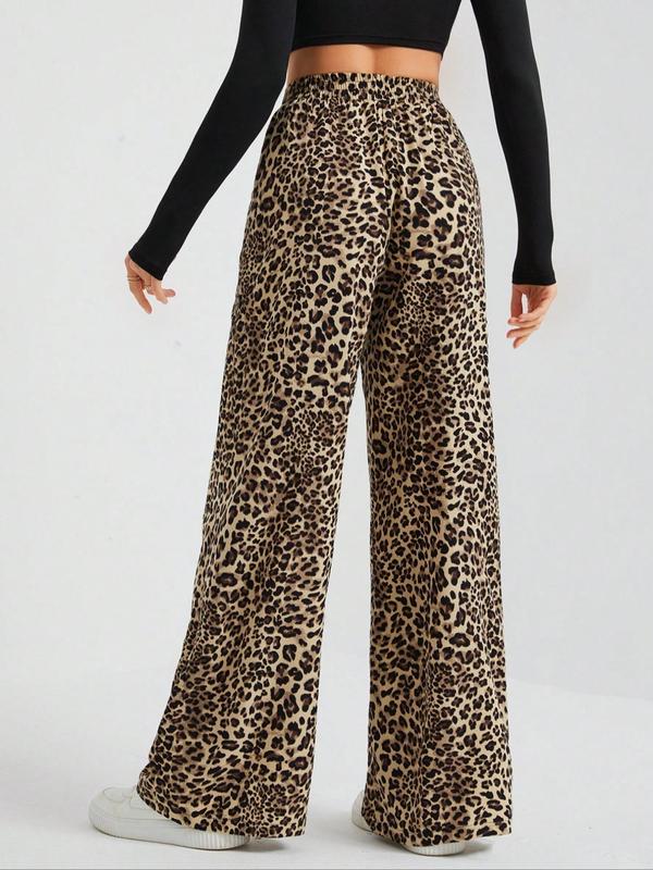 Women's Leopard Print Pocket Wide Leg Lounge Pants, Casual Comfy Trousers for Daily Wear, Ladies Sleepwear for All Seasons