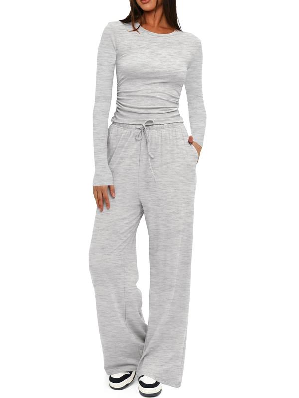 Two-piece Set Women's Solid Ruched Tee & Drawstring Pocket Pants Pajamas Set, Casual Long Sleeve T-shirt & Elastic Waist Trousers, Ladies Sleepwear for All Seasons