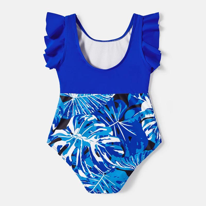 PatPat Family Matching Plant Print Swim Trunks and Blue Ruffle Trim Spliced One-piece Swimsuit