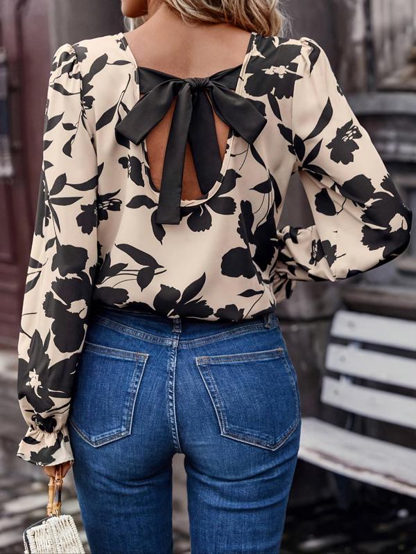 Women's Floral Print Knot Back Vintage Blouse, Elegant Flounce Sleeve Round Neck Top for Spring & Fall, Holiday Outfits, Ladies Clothes for Daily Wear, Going Out Tops, Blouse for Women, Clothes for Women