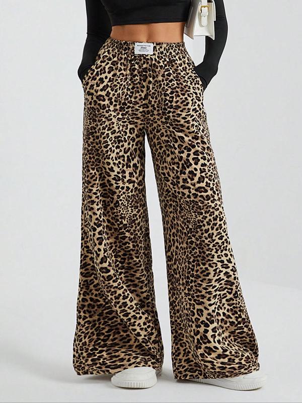 Women's Leopard Print Pocket Wide Leg Lounge Pants, Casual Comfy Trousers for Daily Wear, Ladies Sleepwear for All Seasons