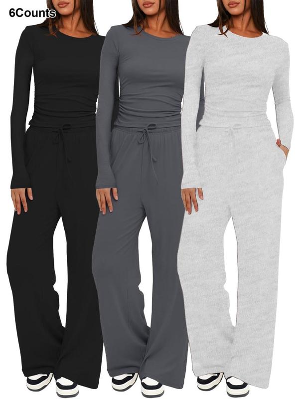 Two-piece Set Women's Solid Ruched Tee & Drawstring Pocket Pants Pajamas Set, Casual Long Sleeve T-shirt & Elastic Waist Trousers, Ladies Sleepwear for All Seasons