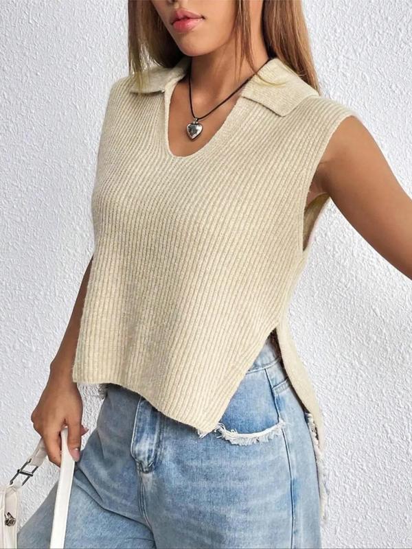 Women's Plain Split Hem Sweater Vest, Casual Solid Collar Sleeveless Knitwear Top for Summer, Knit Tank Tops for Women, Fashion Ladies' Knit Clothing for Daily Wear,  Downtown Girl Clothes