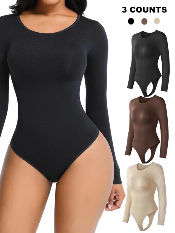 Women's Solid Round Neck Long Sleeve Shapewear Bodysuit, Casual Comfy Tummy Control Bodysuit for Daily Wear, Women's Shapewear for All Seasons