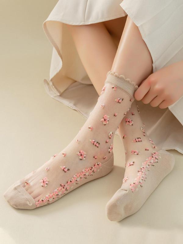 Women's 4 Pairs Ditsy Floral Print Contrast Mesh Frill Trim Crew Socks, Casual Comfy Breathable Sheer Mid-calf Socks for Daily Wear, Ladies Socks for All Seasons