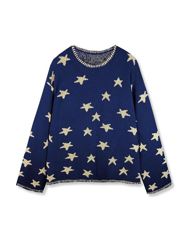 Women's Star Print Crew Neck Sweater, Casual Long Sleeve Jumper for Fall & Winter, Fashion Ladies' Knitwear for Daily Wear