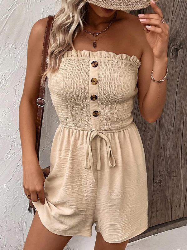 Women's Buttons Frill Trim Wide Leg Tube Romper, Casual Comfort Tie Front Shirred Sleeveless Romper, Rompers for Women, Summer Romper for Lady, Summer Outfits, Going Out Outfits 2024