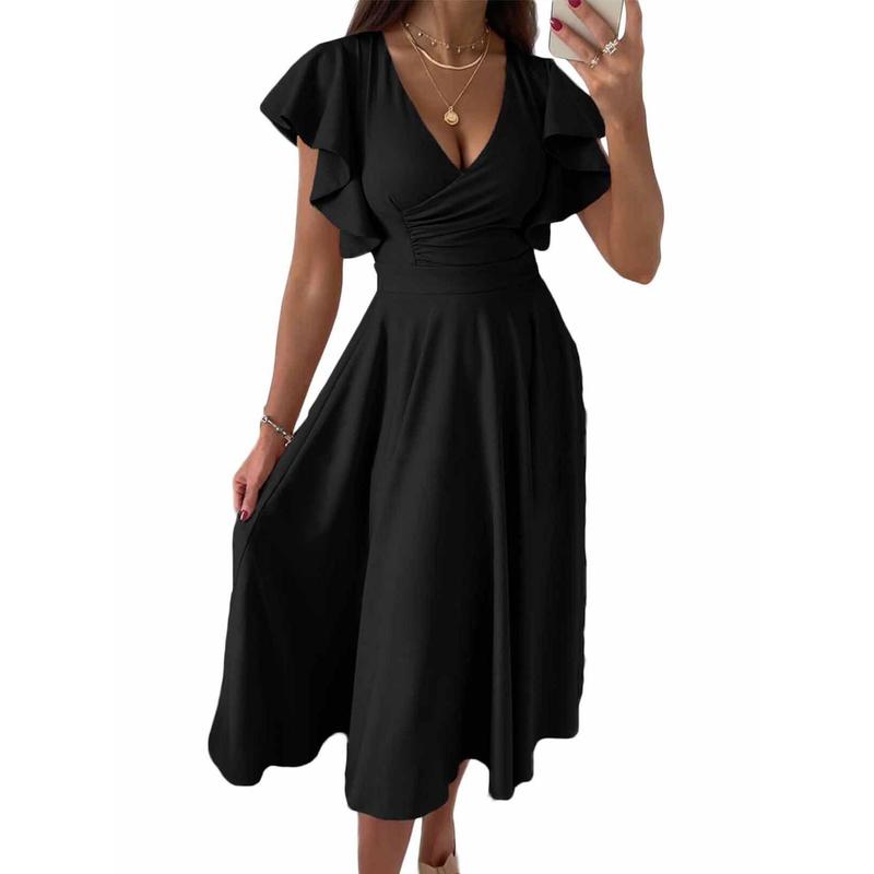 Dokotoo Women's V Neck Elegant Party Dress Short Sleeve Skater Dress Wedding Guest Dresses