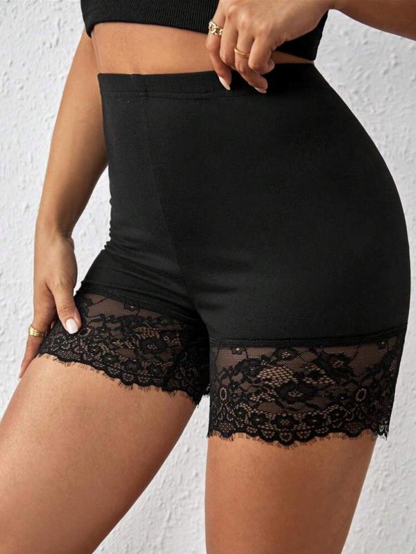 Women's Plus Size Contrast Lace Short Leggings, Casual Black Elastic Waist Skinny Safety Shorts, Ladies Bottoms for Summer