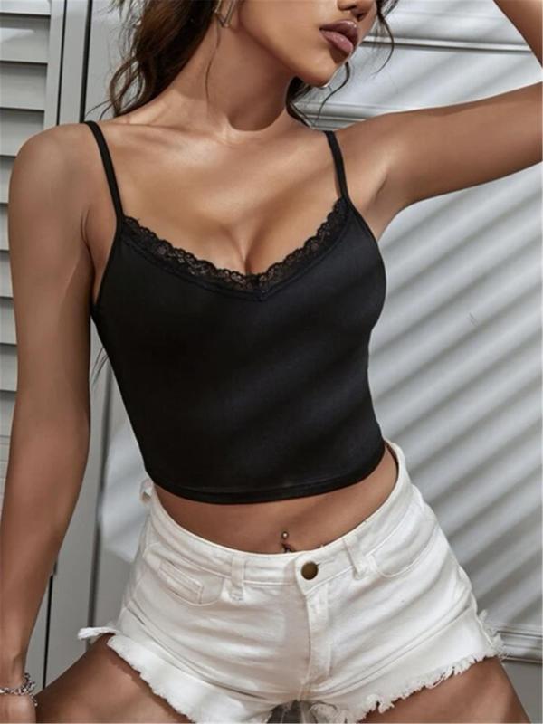 Women's Contrast Lace Crop Cami Top, Casual Solid Spaghetti Strap Sleeveless Top for Summer, Ladies Clothes for Daily Wear