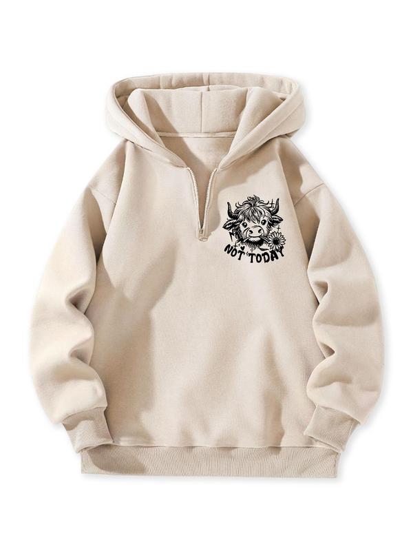 Women's Cartoon Highland Cow & Letter Print Half Zip Hoodie, Fashion Casual Drop Shoulder Long Sleeve Hooded Sweatshirt for Daily Holiday Outdoor Wear, Women Clothing for Fall & Winter