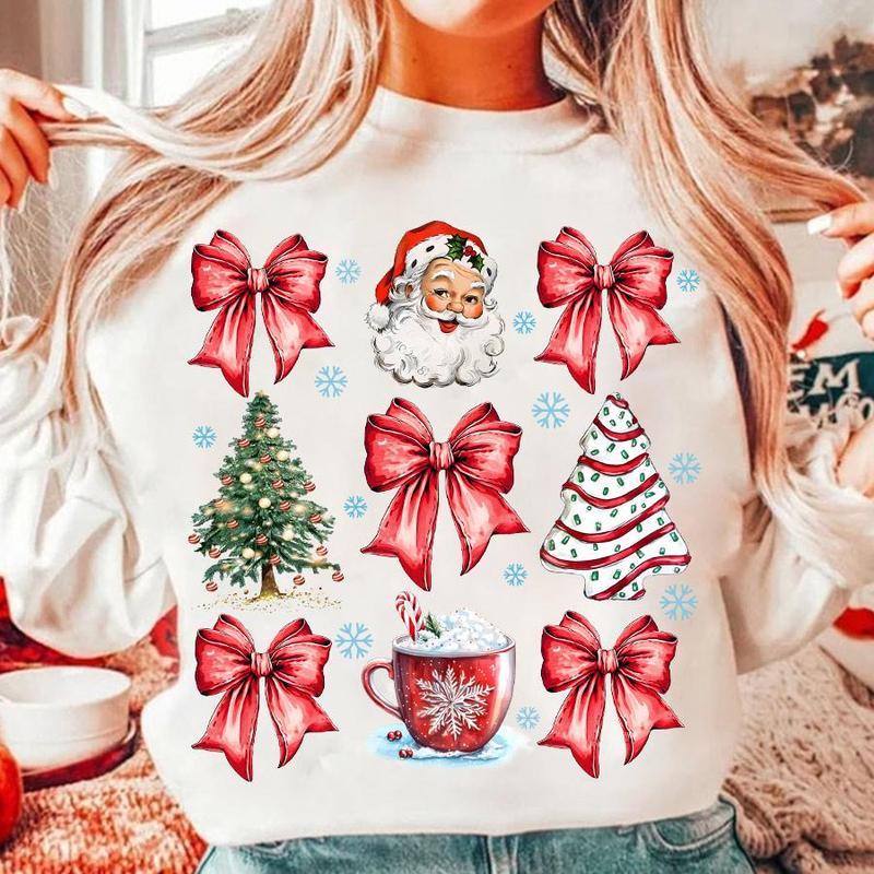 Christmas Girly Sweatshirt, Coquette Christmas Bow Shirt, red Christmas Sweater,  Bow Christmas Tree Sweatshirt, Retro Santa Hot Cocoa Candy Cane Holiday,Women Christmas Tees, Sweatshirt Merry Christmas Gifts,  Merry Christmas Gifts