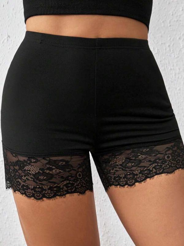 Women's Plus Size Contrast Lace Short Leggings, Casual Black Elastic Waist Skinny Safety Shorts, Ladies Bottoms for Summer