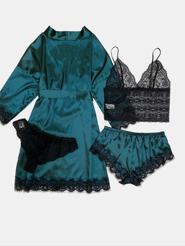 Women's Contrast Lace Belted Satin Pyjama Set, Backless Crop Cami Top & Wrap Robe & Elastic Waist Shorts & Panty Set, Sleepwear Set for Women, Pajama Sets Women