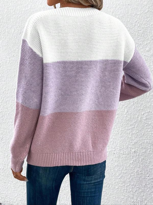 Women's Colorblock Print Sweater, Casual Long Sleeve Jumper for Fall & Winter, Fashion Ladies' Knitwear for Daily Wear