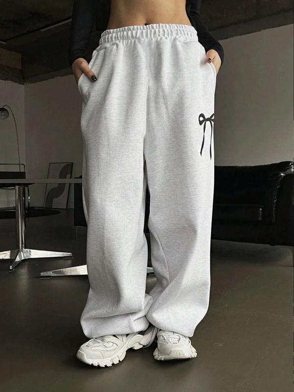 Women's Cartoon Bow Print Elastic Waist Sweatpants, Casual Pocket Wide Leg Trousers for Fall & Winter, Women's Bottoms for Daily Wear