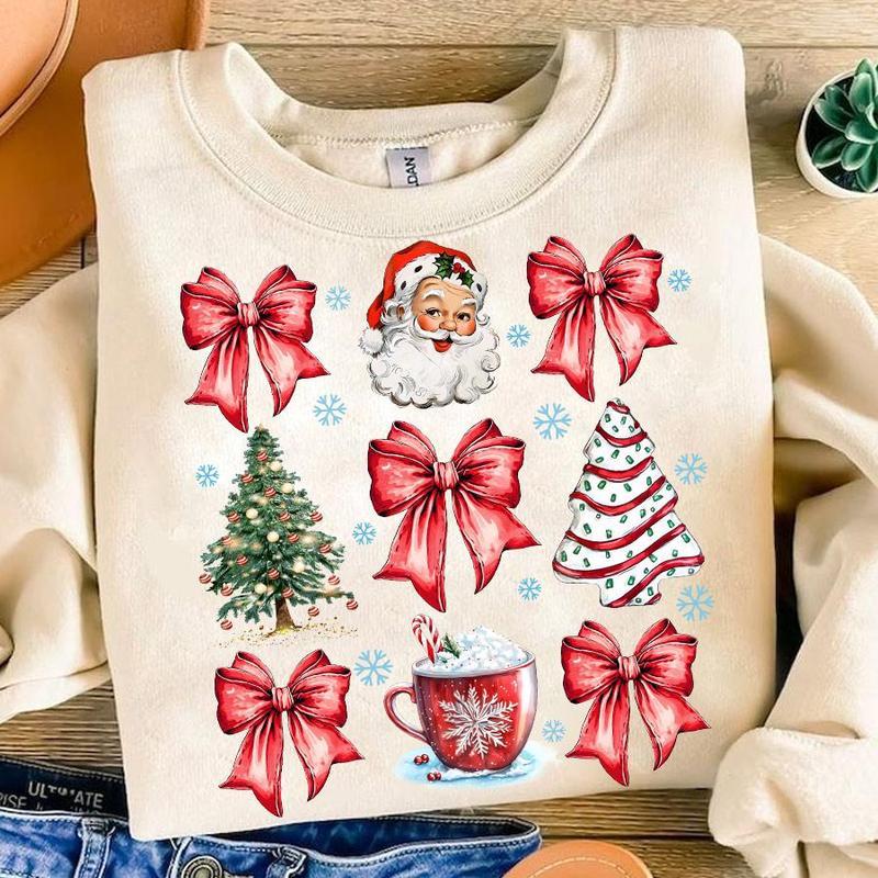 Christmas Girly Sweatshirt, Coquette Christmas Bow Shirt, red Christmas Sweater,  Bow Christmas Tree Sweatshirt, Retro Santa Hot Cocoa Candy Cane Holiday,Women Christmas Tees, Sweatshirt Merry Christmas Gifts,  Merry Christmas Gifts