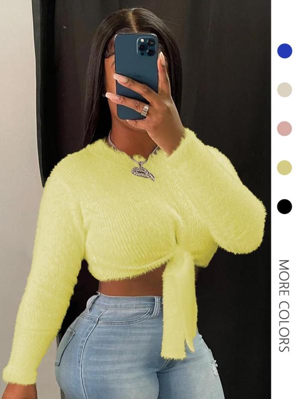 Women's Solid Tie Front Crop Plush Sweater, Casual Long Sleeve Round Neck Jumper for Fall & Winter, Fashion Ladies' Knitwear for Daily Wear