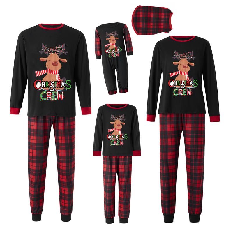 Christmas Family Matching Pajamas Set Elk Print Long Sleeve Shirt and Red Plaid Pants Loungewear Soft Sleepwear Outfits for Parent-Child Mom Dad Kids Baby Holiday Pjs Sets