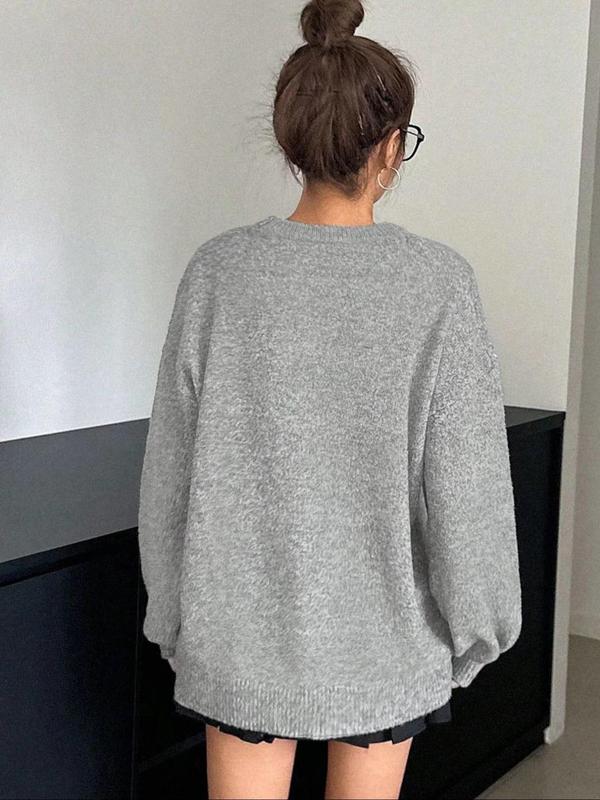 Women's Bow Print Drop Shoulder Sweater, Casual Long Sleeve Round Neck Jumper for Fall & Winter, Fashion Ladies' Knitwear for Daily Wear