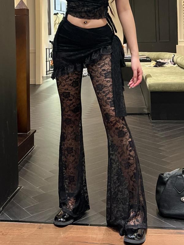 Women's Sheer Lace Flare Leg Pants, Punk Fashion Asymmetrical Knot Design Bell Bottom Trousers for Nightclub Music Festival, Comfy Pants, Ladies Bottoms for Fall & Winter